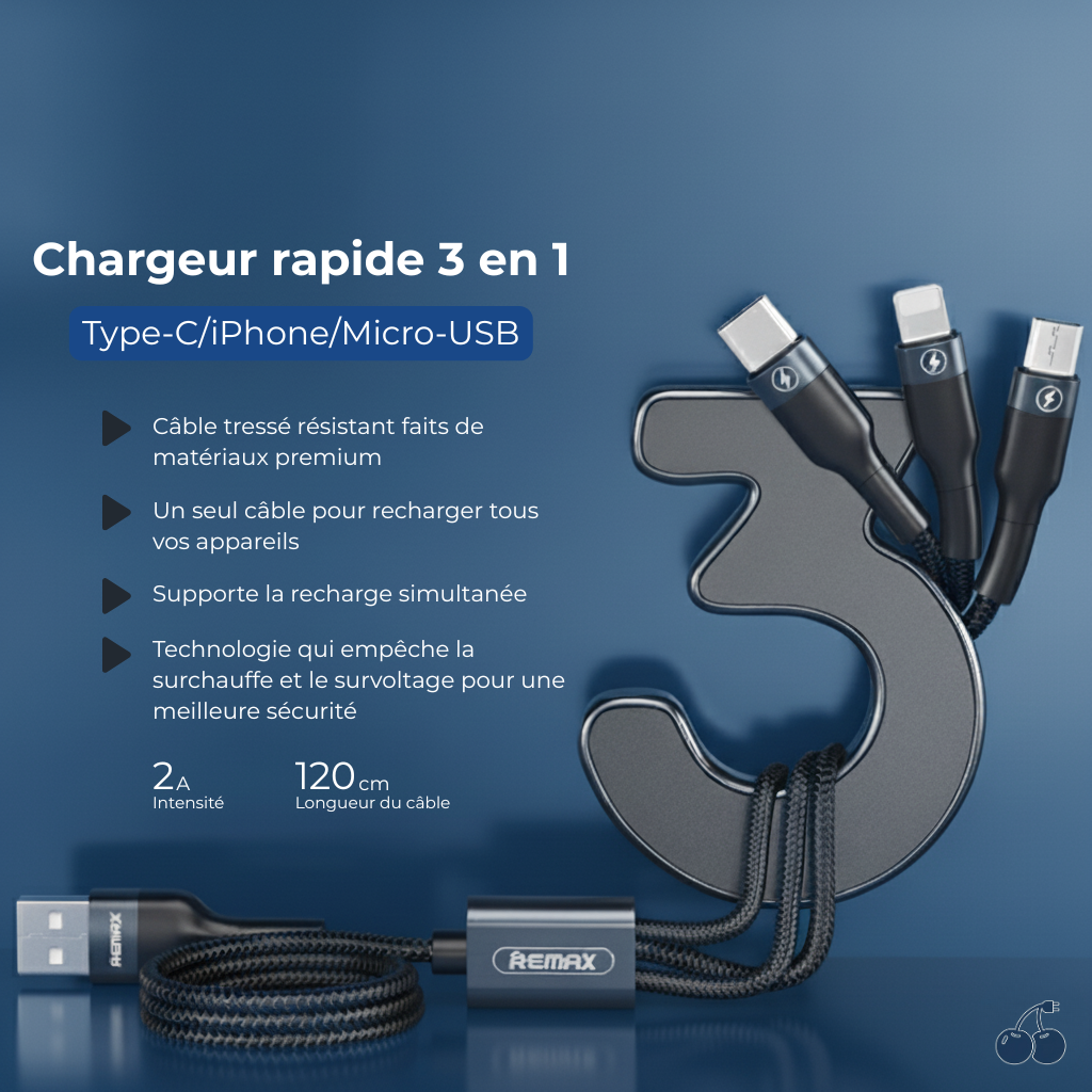 Chargeur Remax RC-070th 3 en 1｜Compatible iPhone, USB‑C et Micro-USB
