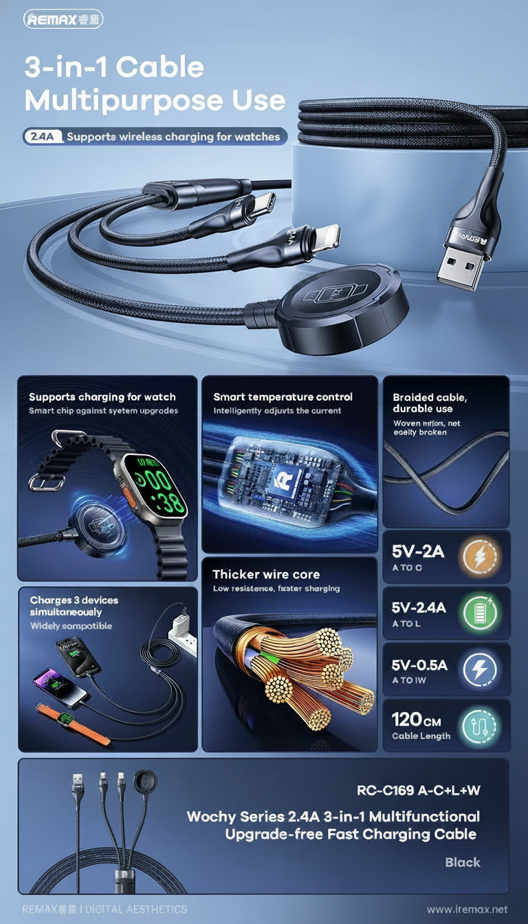 Chargeur Remax RC-C169 3 en 1｜Compatible iPhone, USB‑C et montres